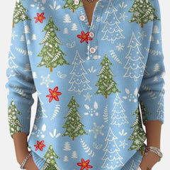 Daisy Christmas Tree Print Henley Sweater in Light Blue