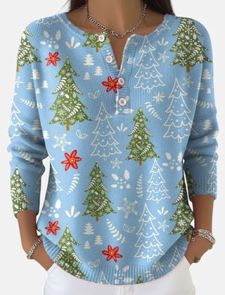 Daisy Christmas Tree Print Henley Sweater in Light Blue