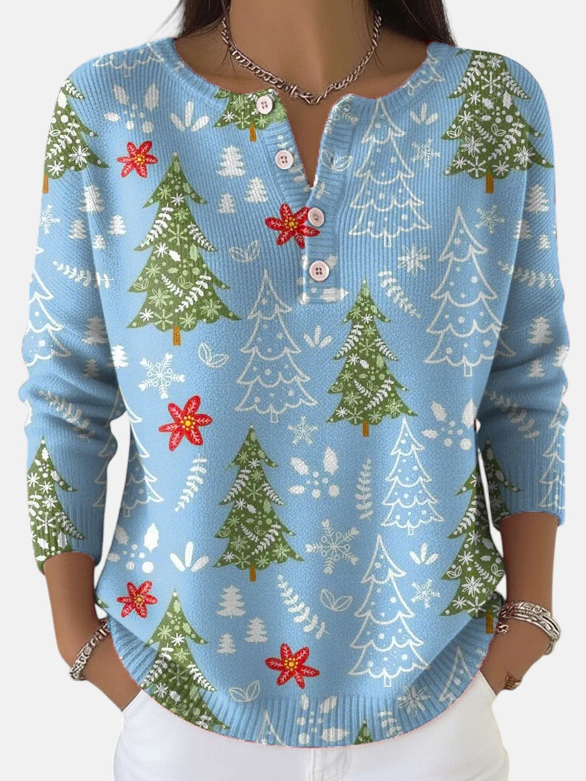 Daisy Christmas Tree Print Henley Sweater in Light Blue