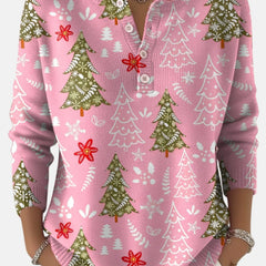Daisy Christmas Tree Print Henley Sweater in Pink