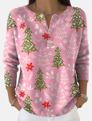 Daisy Christmas Tree Print Henley Sweater in Pink