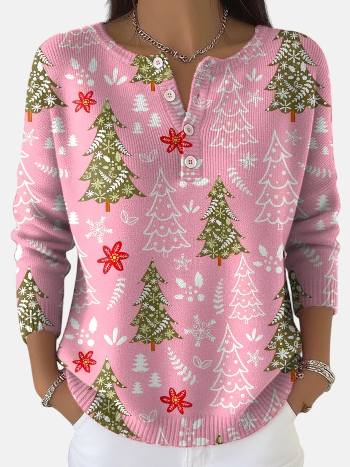 Daisy Christmas Tree Print Henley Sweater in Pink