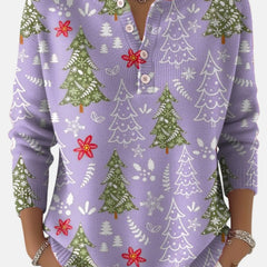 Daisy Christmas Tree Print Henley Sweater in Lilac Purple