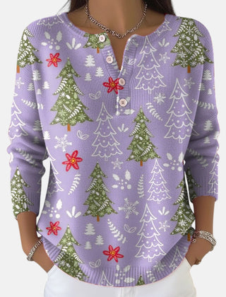 Daisy Christmas Tree Print Henley Sweater in Lilac Purple