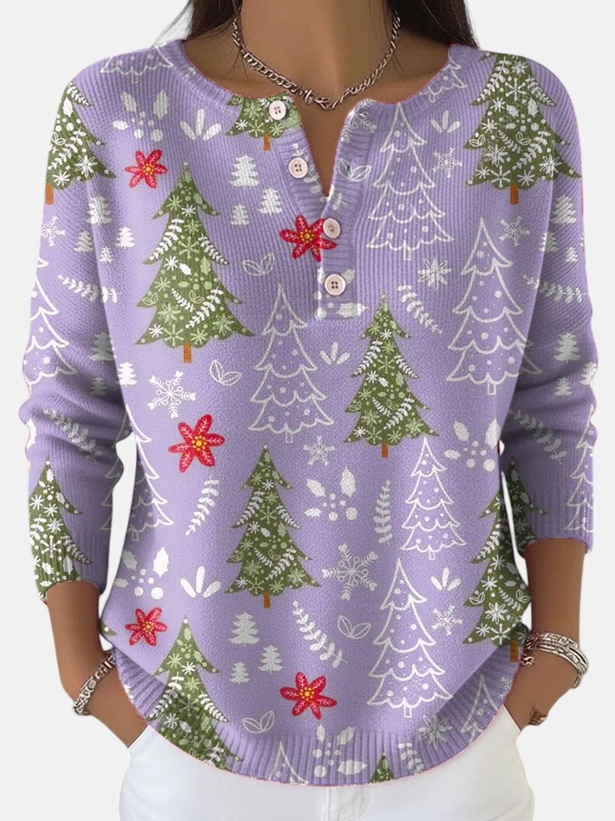 Daisy Christmas Tree Print Henley Sweater in Lilac Purple