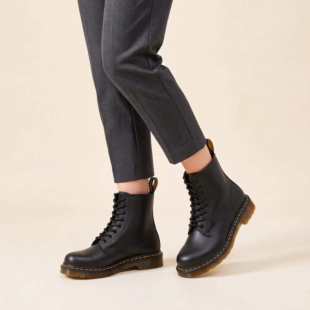 Darlene Classic Lace-Up Ankle Boots in Black, worn with cropped trousers