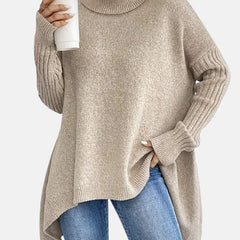 Delia Asymmetric Hem Turtleneck Sweater in Khaki