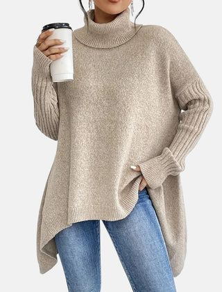 Delia Asymmetric Hem Turtleneck Sweater in Khaki