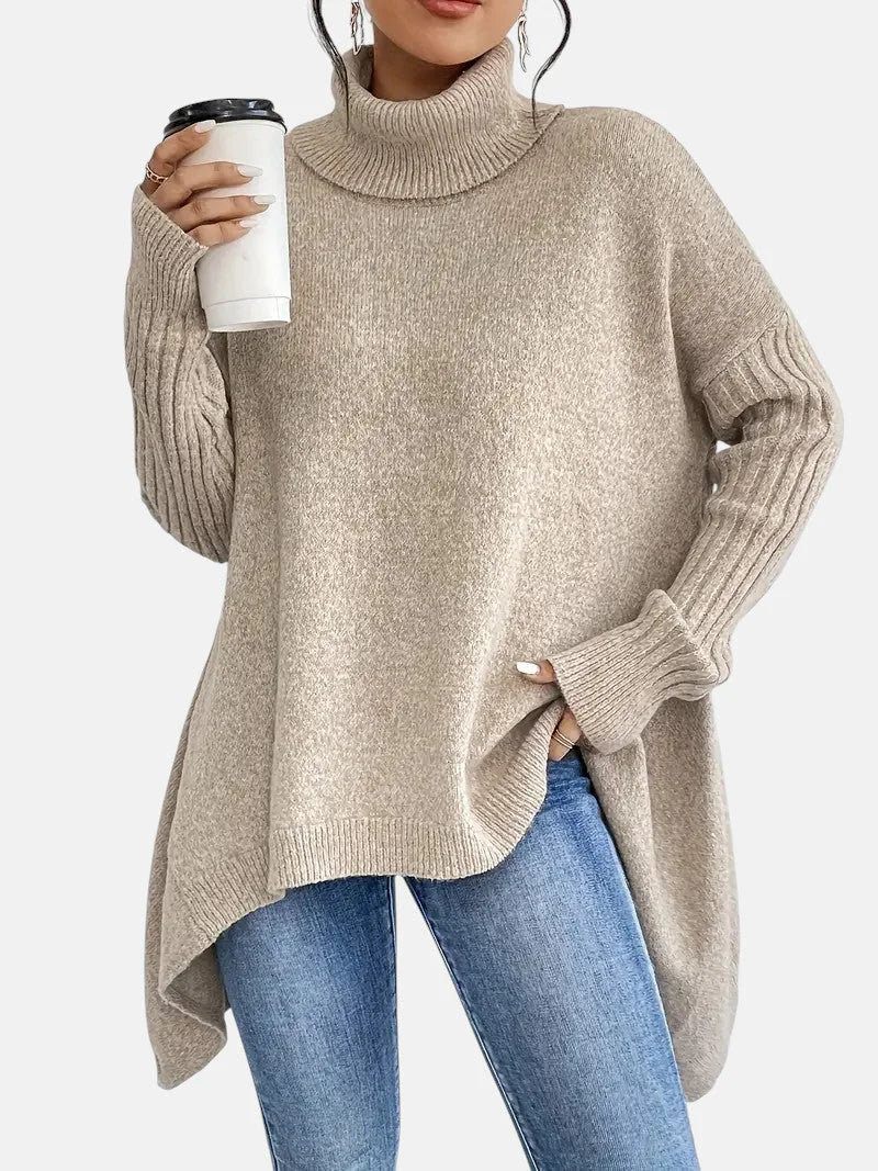 Delia Asymmetric Hem Turtleneck Sweater in Khaki