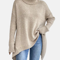 Delia Asymmetric Hem Turtleneck Sweater in Khaki