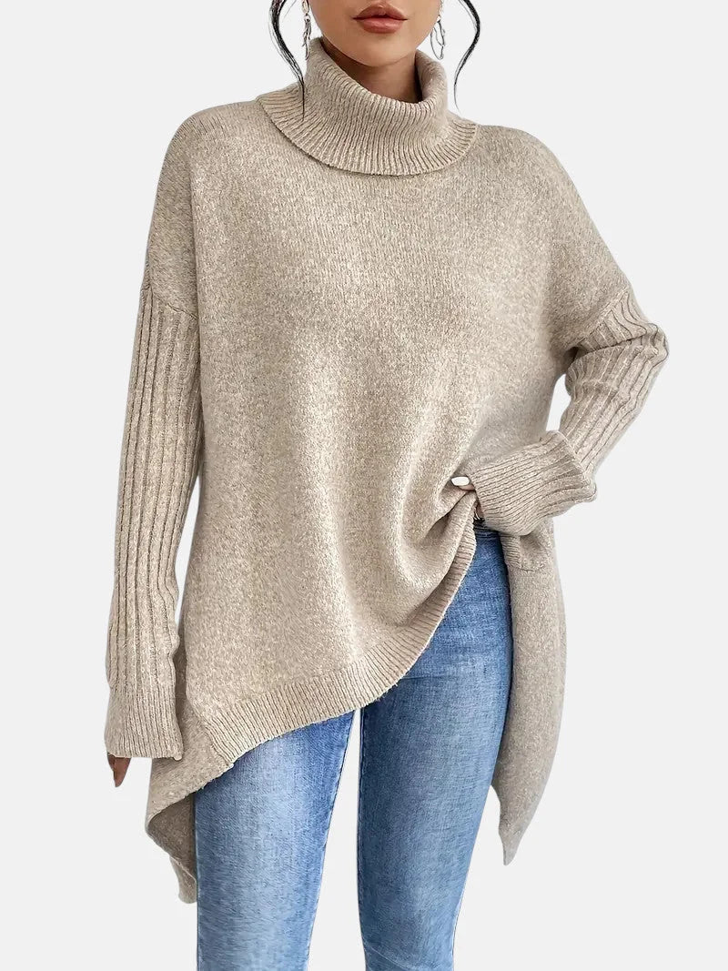 Delia Asymmetric Hem Turtleneck Sweater in Khaki