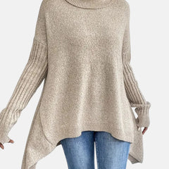 Delia Asymmetric Hem Turtleneck Sweater in Khaki