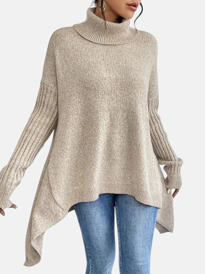 Delia Asymmetric Hem Turtleneck Sweater in Khaki