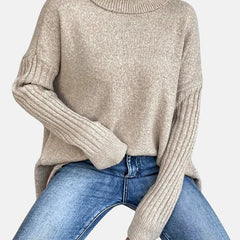 Delia Asymmetric Hem Turtleneck Sweater in Khaki
