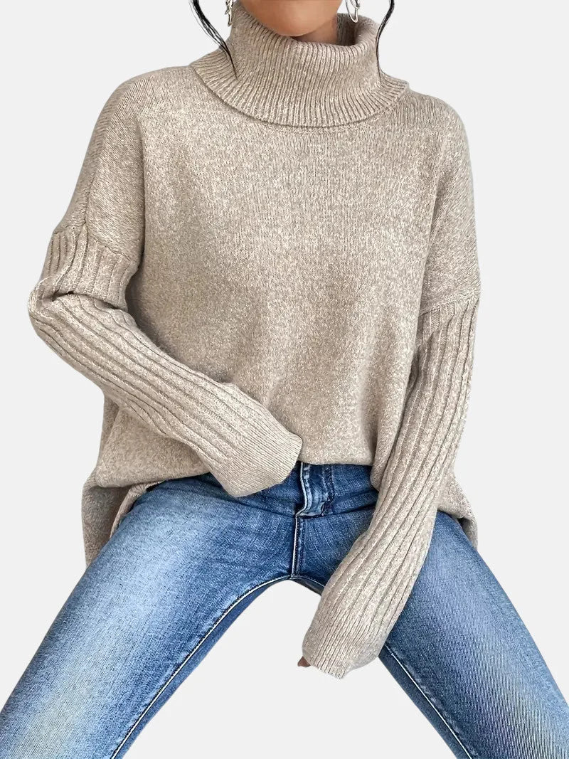 Delia Asymmetric Hem Turtleneck Sweater in Khaki