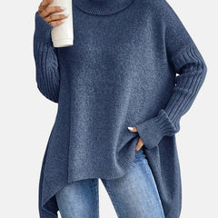 Delia Asymmetric Hem Turtleneck Sweater in Blue