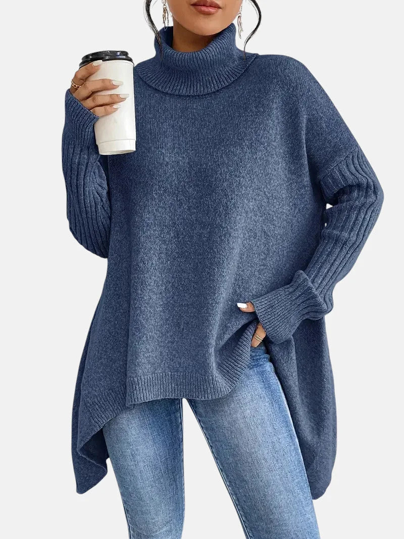 Delia Asymmetric Hem Turtleneck Sweater in Blue