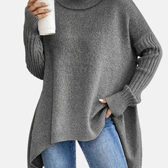 Delia Asymmetric Hem Turtleneck Sweater in Grey