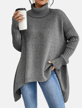Delia Asymmetric Hem Turtleneck Sweater in Grey