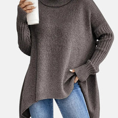 Delia Asymmetric Hem Turtleneck Sweater in Mocha Brown