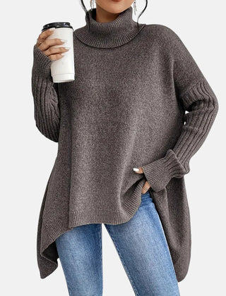 Delia Asymmetric Hem Turtleneck Sweater in Mocha Brown