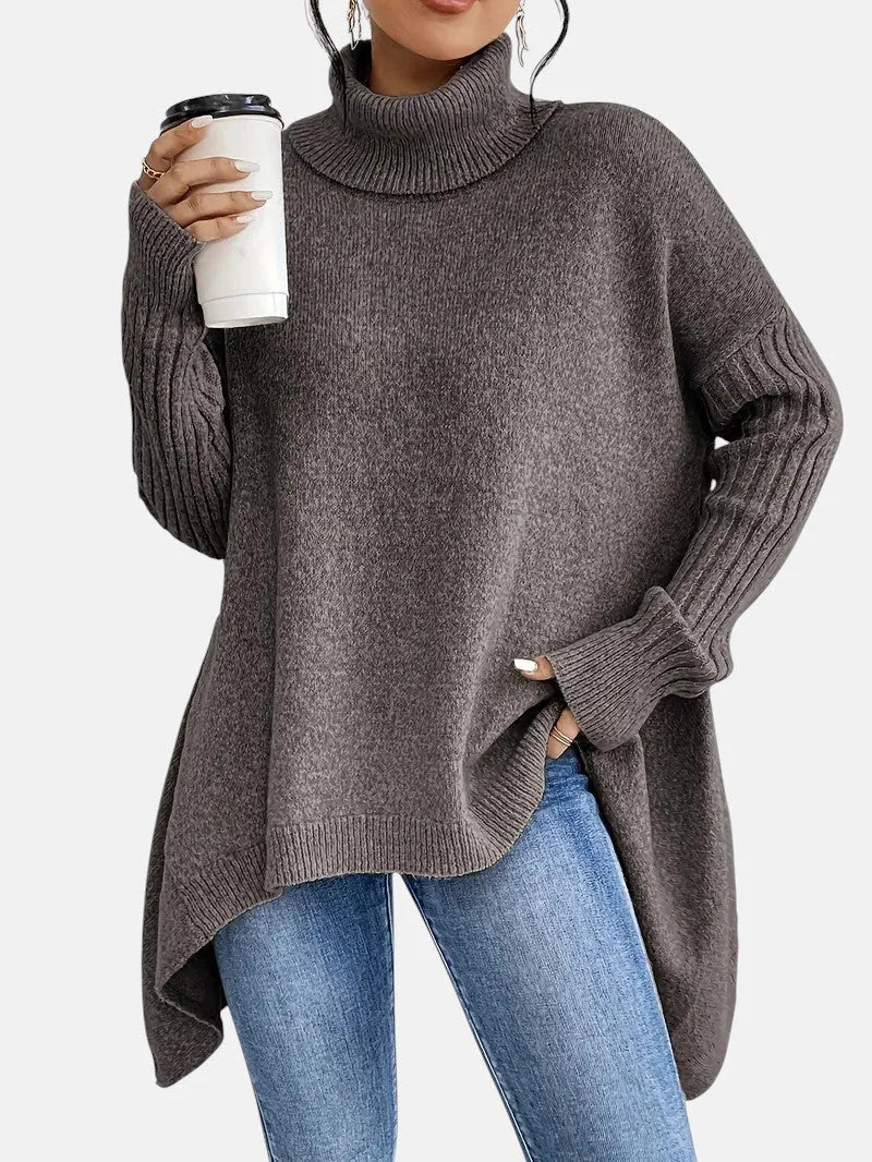 Delia Asymmetric Hem Turtleneck Sweater in Mocha Brown