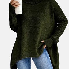 Delia Asymmetric Hem Turtleneck Sweater in Olive Green