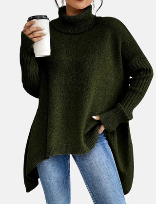 Delia Asymmetric Hem Turtleneck Sweater in Olive Green