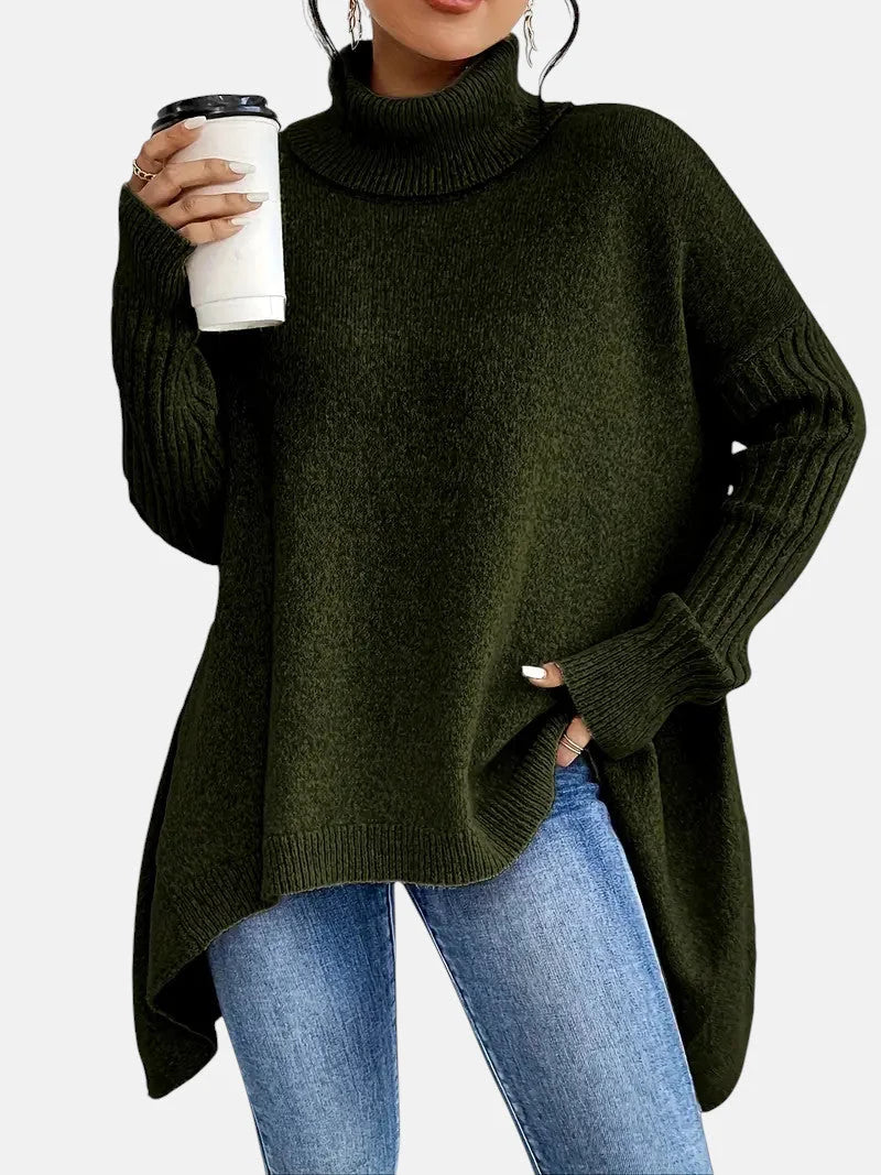Delia Asymmetric Hem Turtleneck Sweater in Olive Green