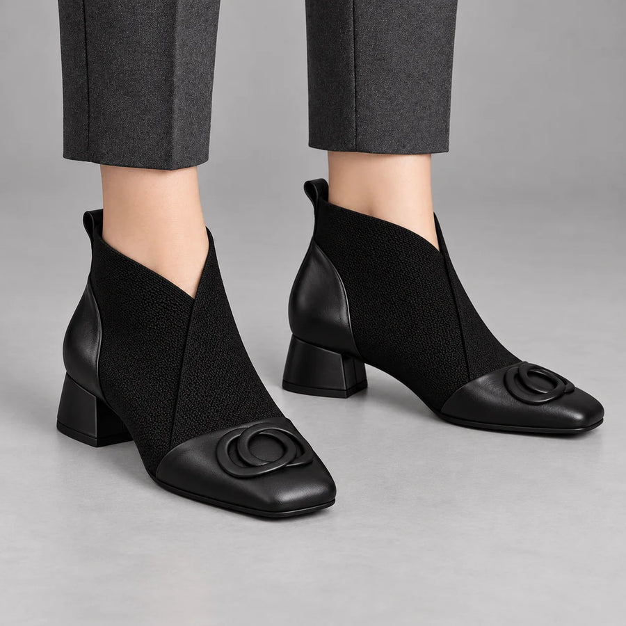 Delphine Square Toe Block Heel Ankle Boots in Black