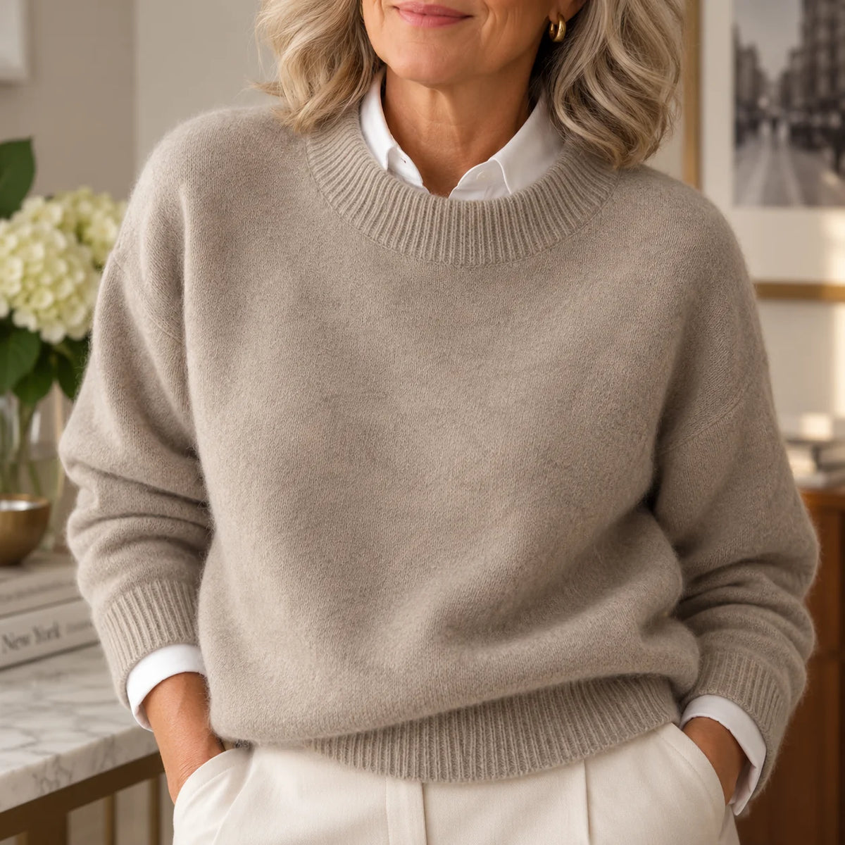 Denise Soft Mock Neck Sweater in Taupe