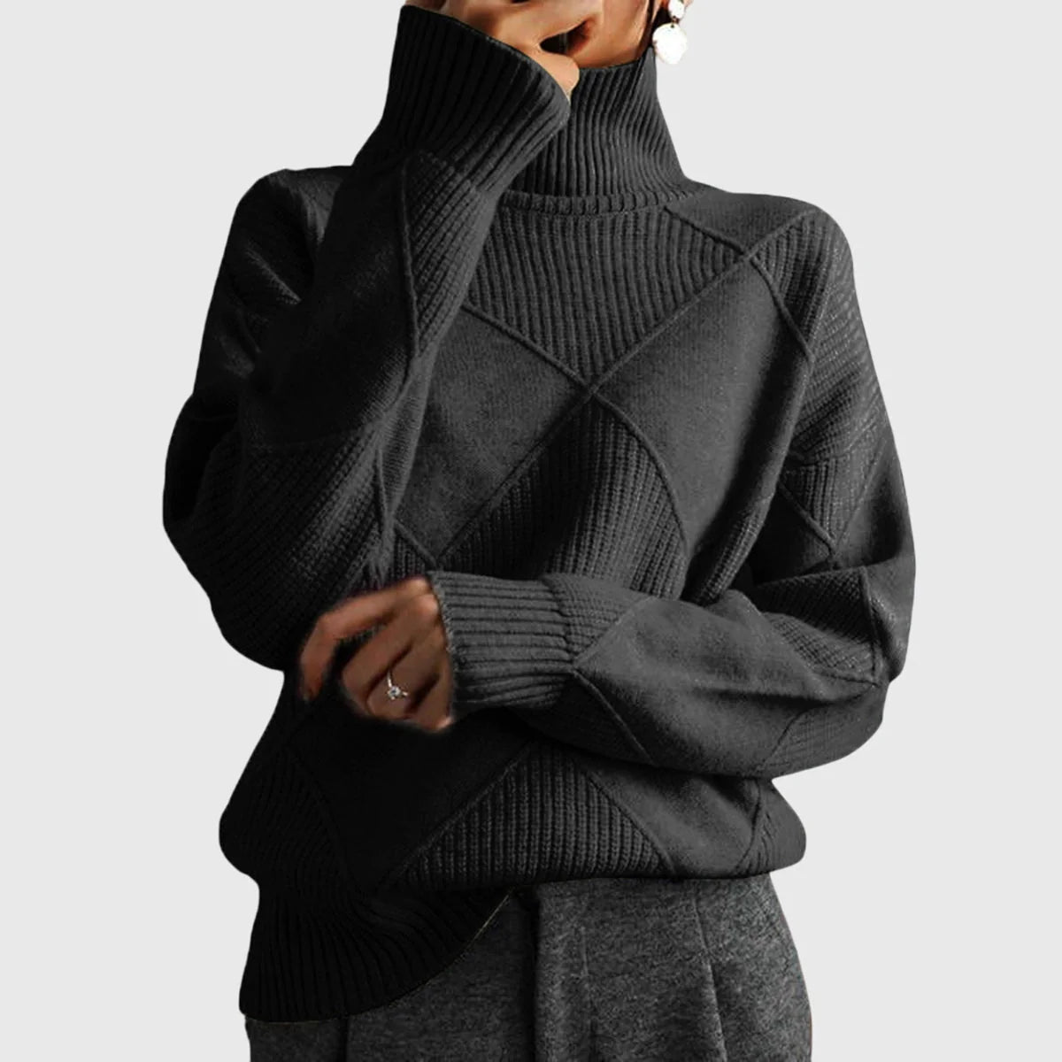 Diana Diamond Pattern Turtleneck Sweater in Black