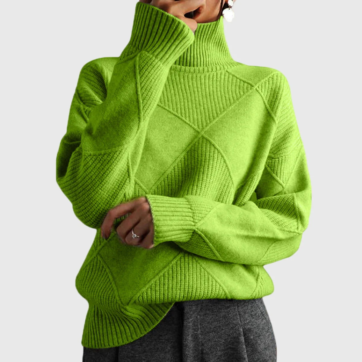 Diana Diamond Pattern Turtleneck Sweater in Lime Green