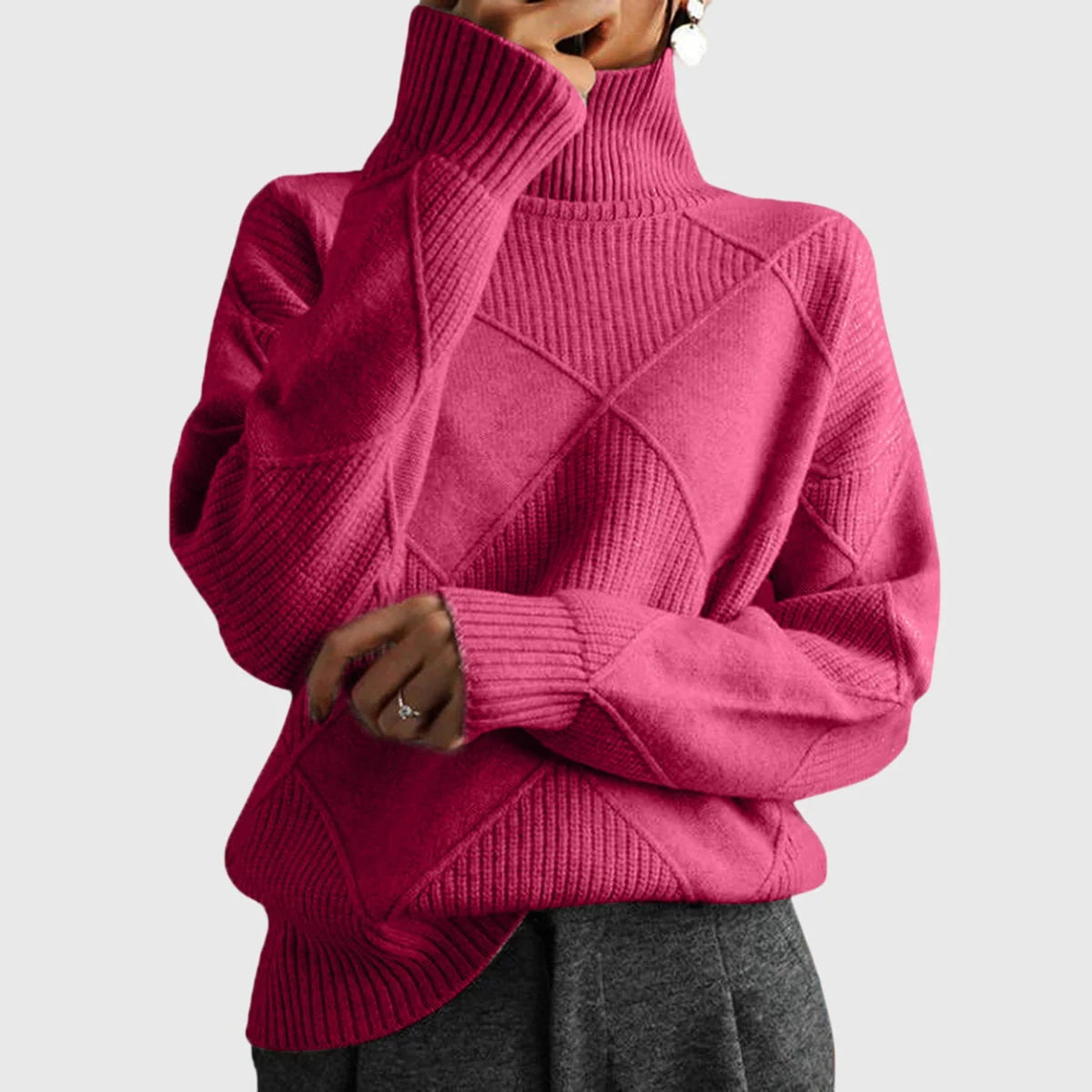 Diana Diamond Pattern Turtleneck Sweater in Rose Pink