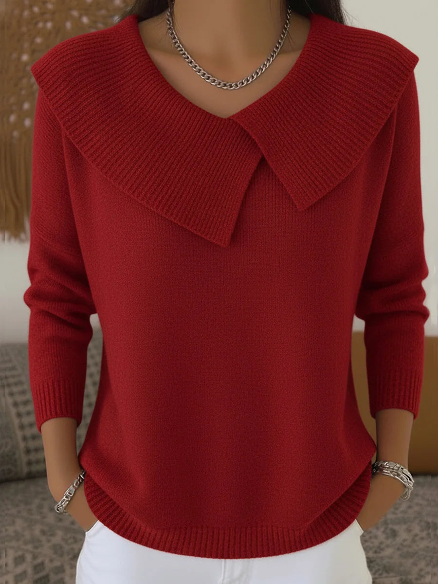Diane Wide Fold-Over Collar Sweater in Red