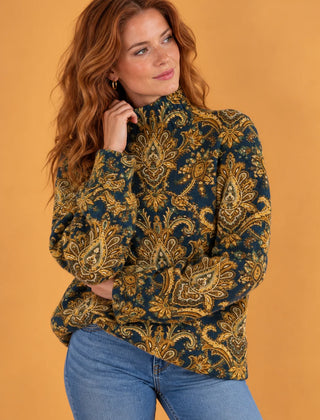 Dolores Paisley Print Turtleneck Sweater in Navy & Gold