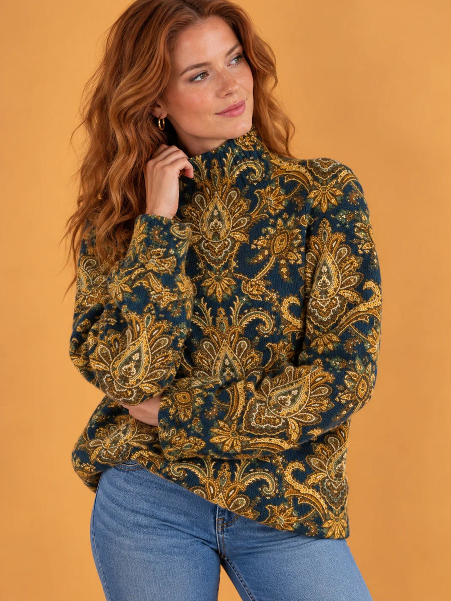 Dolores Paisley Print Turtleneck Sweater in Navy & Gold