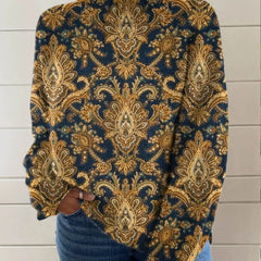Dolores Paisley Print Turtleneck Sweater in Navy & Gold