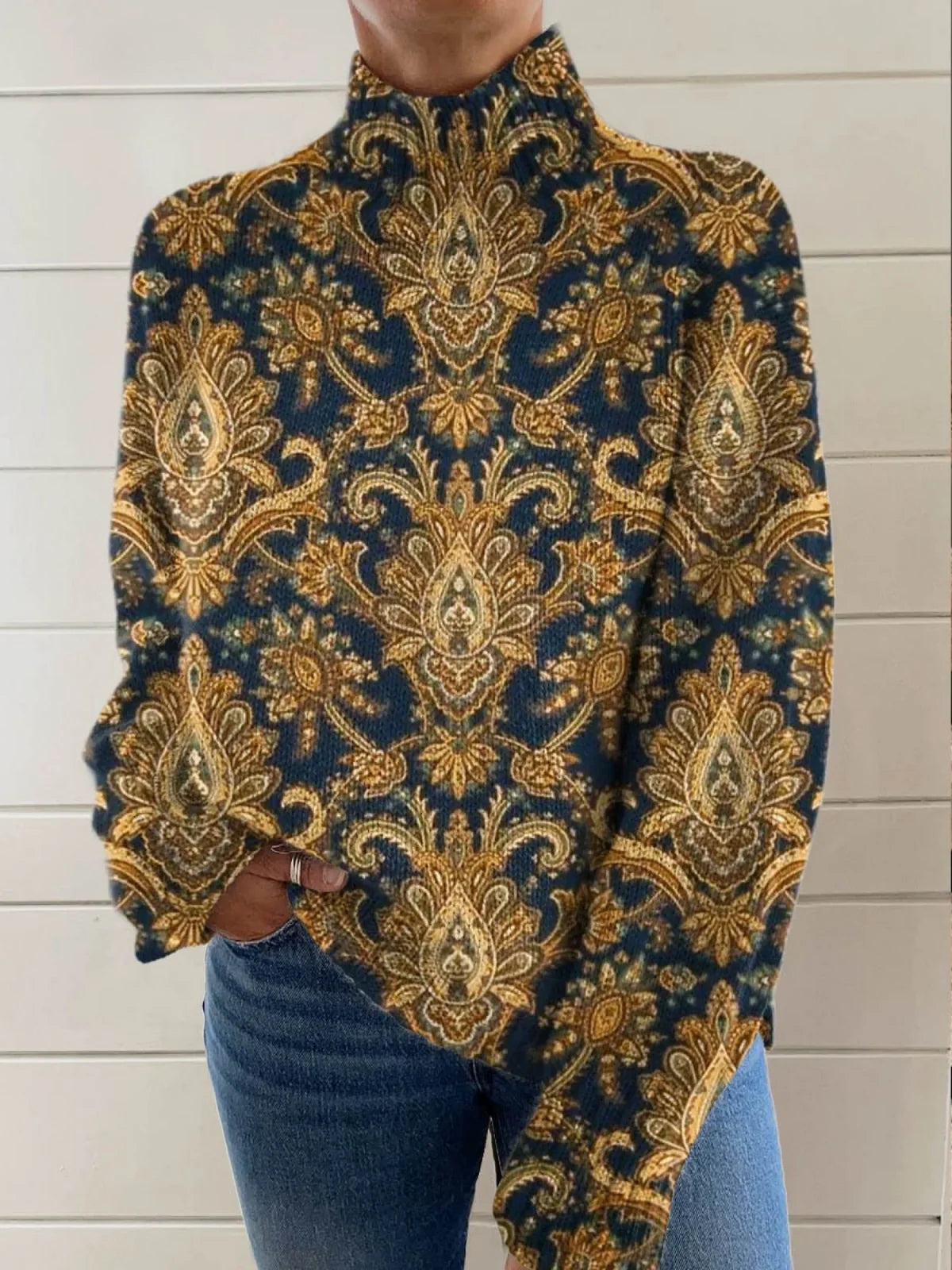Dolores Paisley Print Turtleneck Sweater in Navy & Gold