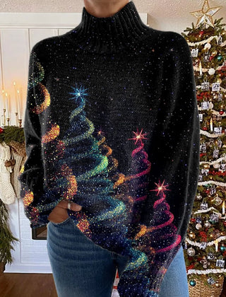 Donna Glitter Christmas Tree Turtleneck Sweater in Black