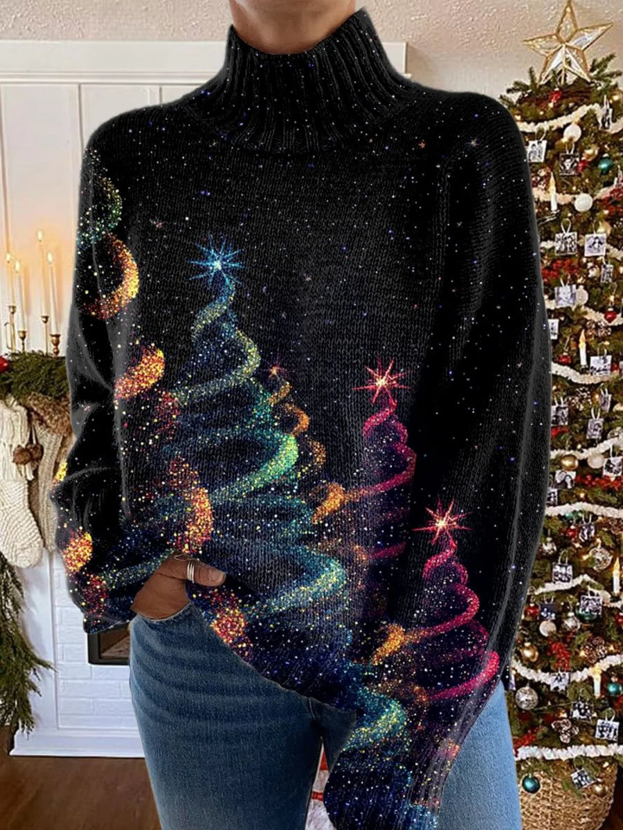 Donna Glitter Christmas Tree Turtleneck Sweater in Black