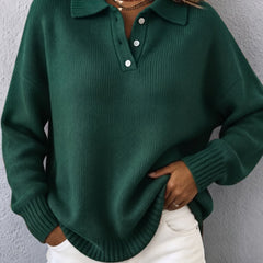 Doris Polo Collar Button Placket Sweater in Green