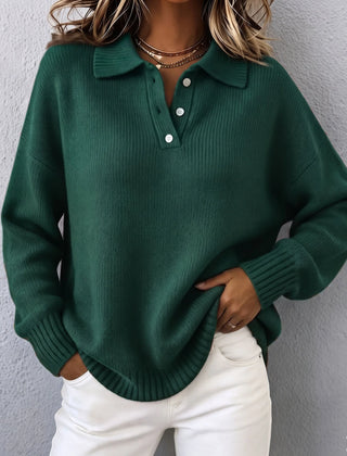 Doris Polo Collar Button Placket Sweater in Green