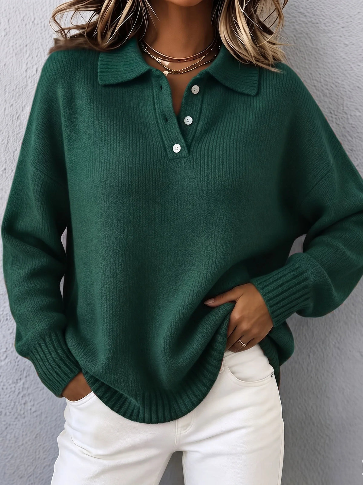 Doris Polo Collar Button Placket Sweater in Green