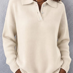 Doris Polo Collar Button Placket Sweater in Cream