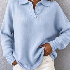 Doris Polo Collar Button Placket Sweater in Light Blue