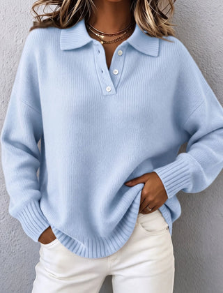 Doris Polo Collar Button Placket Sweater in Light Blue