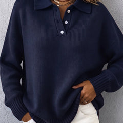 Doris Polo Collar Button Placket Sweater in Navy