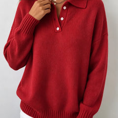 Doris Polo Collar Button Placket Sweater in Red