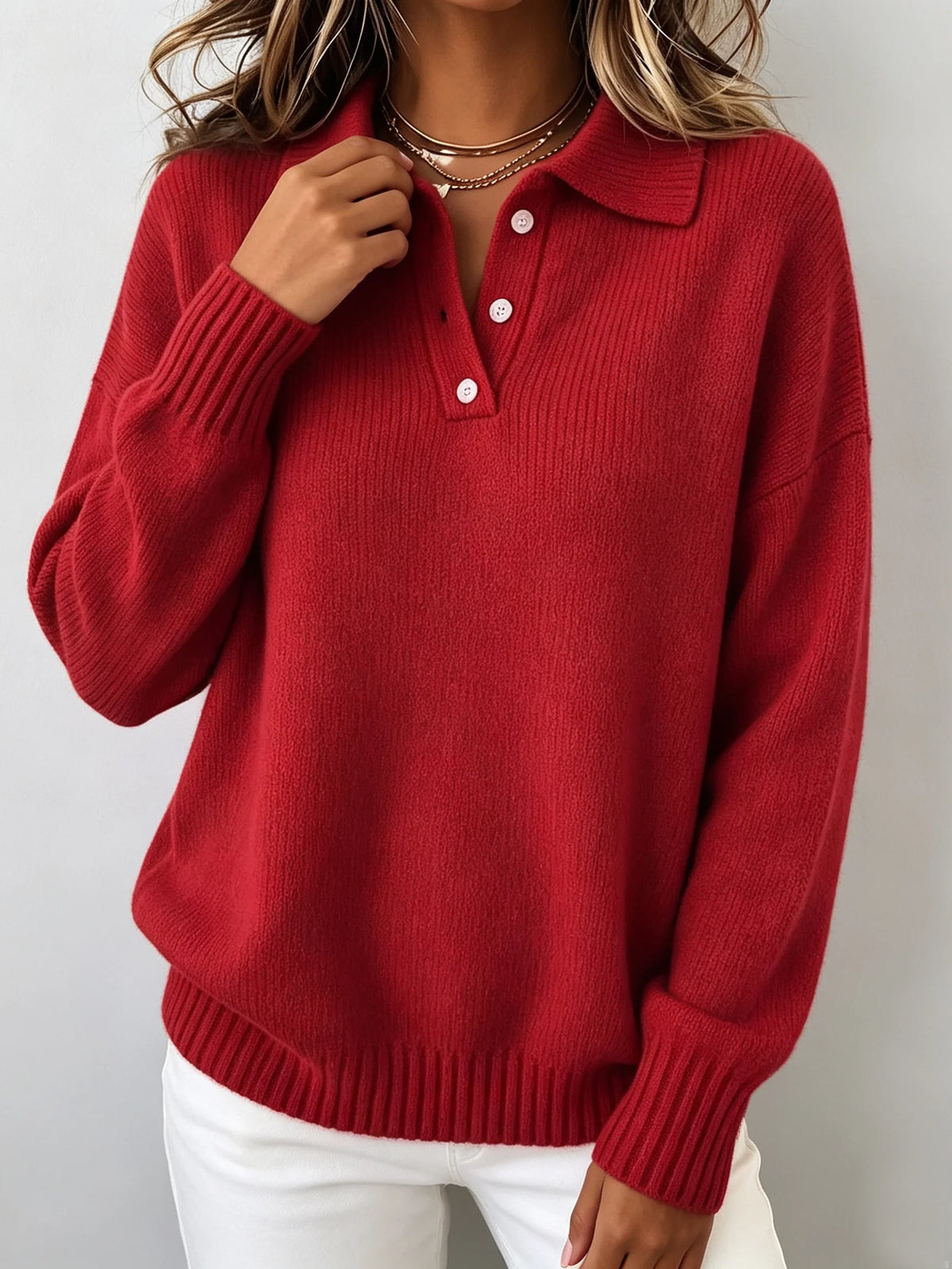 Doris Polo Collar Button Placket Sweater in Red